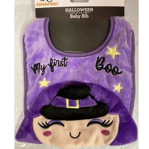 Baby Girls Way to Celebrate Plush HALLOWEEN BIB "My First Boo"  Witch in hat NWT